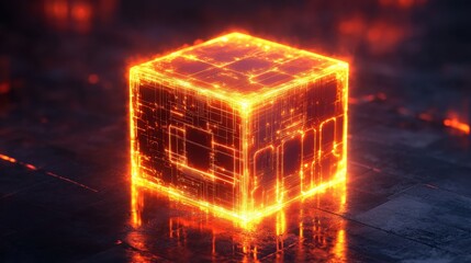 Fototapete - Glowing orange cube with circuit lines, futuristic design. Ideal for tech, AI, and digital concepts; represents innovation.
