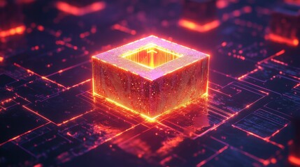 Poster - Glowing cube on a circuit board; vibrant red and orange hues. Illustrates technological advancement, digital innovation, or data processing.