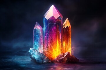 Poster - A vibrant display of colorful crystals emitting light against a dark background.