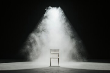 Poster - Surreal Light Beam Illuminating a Single Chair in a Dark Room
