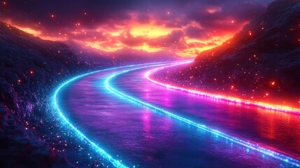 Fototapete - Futuristic Light Trails in Cyberpunk Landscape Data Transfer and Connectivity
