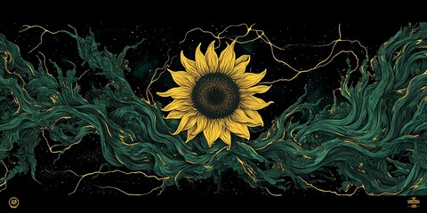 Poster - A vibrant sunflower amidst swirling green waves on a dark background.