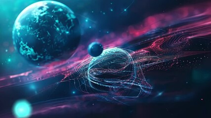 Poster - planets interconnected by a network of glowing particles represent future technology and space explo