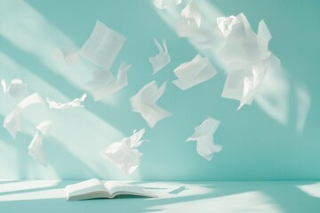 Poster - Surreal Floating Pages in Soft Light Silent Study Hall Aesthetic