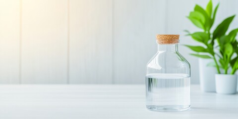 Poster - Clear Glass Bottle with Water on White Table in Minimalist Setting with Green Plants