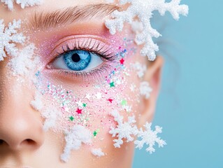 Wall Mural - Festive Glitter Snowflake Makeup on Model in Artistic Haute Couture Portrait