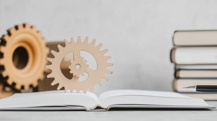 Poster - Open Notebook with Gears Symbolizing Language and Ideas Amid Stacked Books
