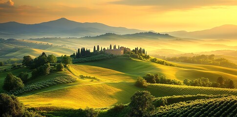 Poster - A serene Tuscan landscape at sunset, showcasing rolling hills and lush greenery.