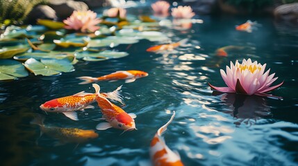 Aufkleber - A serene pond scene with koi fish swimming among water lilies.