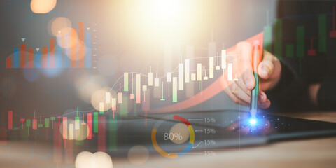 Aufkleber - Businessman showing business growth and success graph ,concept of progress in development, financial efficiency and investment with business strategy for goals and opportunities in the industry future