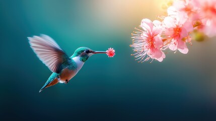 Poster - A vibrant hummingbird, wings a blur, hovers delicately beside a bright flower, its long beak poised to collect nectar.