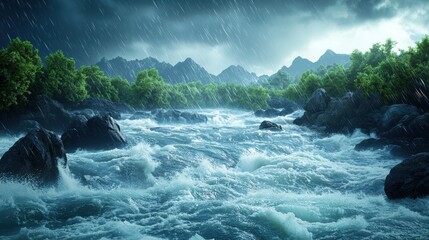 Poster - A raging river, swollen with rain, rushes over rocks and boulders, its surface a churning mass of white water and swirling currents.
