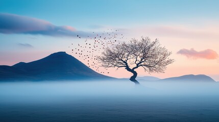 Poster - A lone tree stands defiant against a powerful gust of wind, its branches bending dramatically, leaves ripped from its limbs and swirling through the air.
