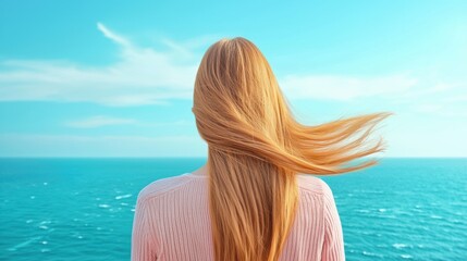Poster - A woman with long hair stands on a cliff overlooking the ocean, the wind whipping her hair into a frenzy as she embraces the power of nature.