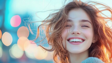 Wall Mural - A young woman laughing, her eyes sparkling, with a blurred background of a bustling city street, emphasizing her carefree spirit and joy amidst the urban chaos.