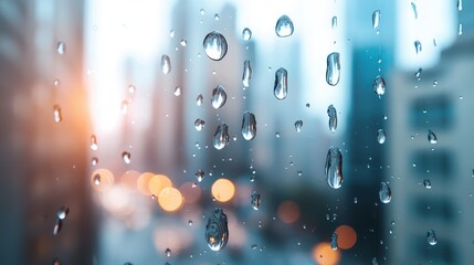 Wall Mural - Close up shot of raindrops cascading down a window pane, creating a mesmerizing pattern of water droplets against a blurred city street scene.