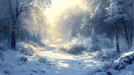 Aufkleber - A serene winter landscape with snow-covered trees and soft light filtering through.