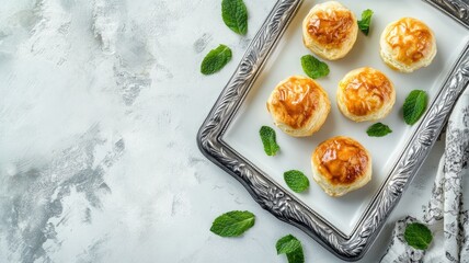 Wall Mural - Flaky pastries with golden tops on silver tray, garnished fresh mint leaves