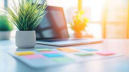Poster - A desk organized for maximum productivity, featuring a laptop, a planner, colorful highlighters, and sticky notes, reflecting a project manager meticulous approach to planning and execution.