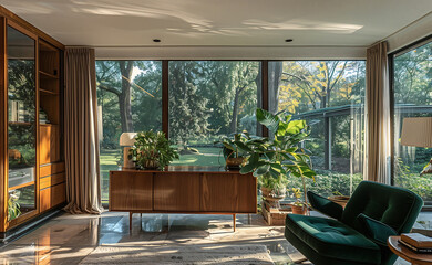 Poster - Mid-century modern living room with a teak wood sideboard, a velvet green armchair, and floor-to-ceiling windows overlooking a garden. interior design concept 