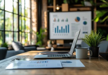 Poster - Modern Office Workspace with Laptop, Charts, and Green Plants, Showcasing Productivity and Collaboration in a Bright, Welcoming Environment