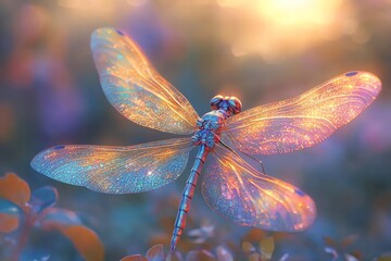 Poster - A colorful dragonfly with iridescent wings glimmers in a softly lit natural setting.