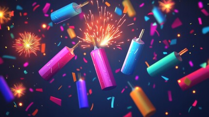 Cartoon petards. Feast firecracker and fireworks, fire crackers explosion pyrotechnic firework festive salute party celebration confetti, vector illustration of festival firecracker and petard
