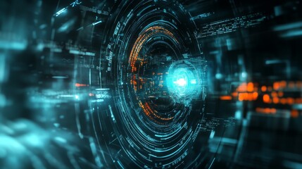 Poster - Abstract futuristic eye with digital screen and data, blue hologram virtual reality interface background.