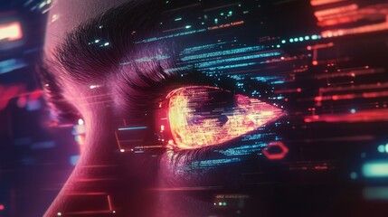 Poster - Abstract futuristic eye with digital screen and data, blue hologram virtual reality interface background.