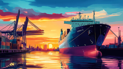 Wall Mural - Industrial cargo ship docked at busy harbor standard urban environment maritime viewpoint industrial transport concept showcase. Harbor. Illustration