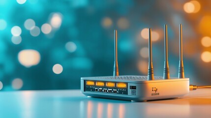 Poster - photograph of a contemporary wireless router with multiple antennas placed on a pristine white backd