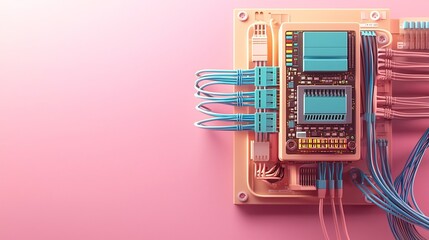 Poster - photograph showcasing a professional ethernet switch device with several blue network cables connect