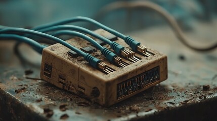 Poster - close up shot of an ethernet switch with several blue cables connected set against a clean and minim