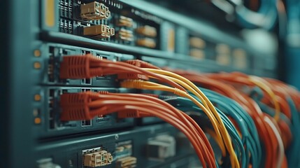 Poster - a close up image showcasing a network patch panel with neatly arranged colorful cables under the war