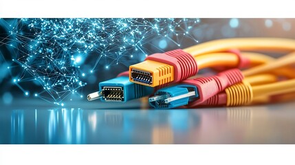 Poster - Neatly Arranged Cat6 Ethernet Cables with Colorful Connectors on a Clean White Background Representing Connectivity and Digital Infrastructure