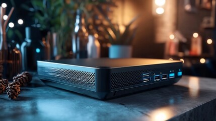 Poster - closeup of a modern matte black professional firewall appliance placed on a clean minimalist surface