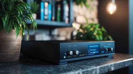 Poster - closeup view of a professional grade firewall appliance with a matte black finish placed on a clean 
