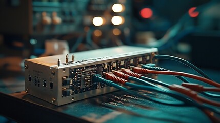 Poster - Close up image showcasing the intricate details of a network splitter device featuring multiple Ethernet ports and a tangle of colorful cables connected