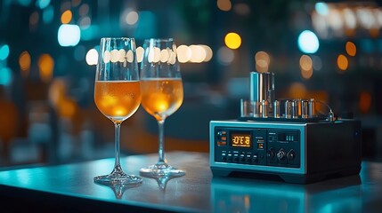 Poster - A modern photograph showcasing a Power over Ethernet PoE injector device placed on a table with a blurred technical environment in the background