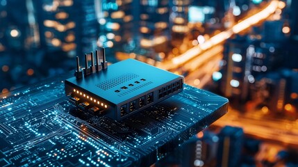 Poster - A modern photograph showcasing a PoE Power over Ethernet injector device placed on a desk or table surface against a blurred and minimalist tech focused background