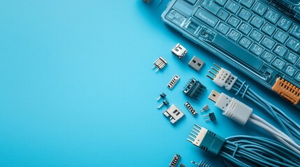 Poster - A minimalistic image showcasing a network cable crimper tool placed beside cut Ethernet wires and connectors on a clean simple surface