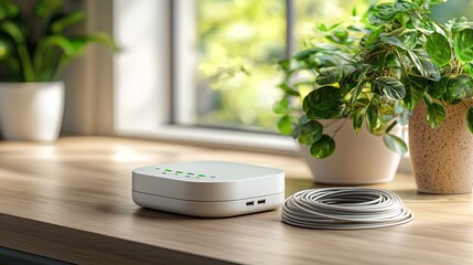 Poster - a modern photo depicting a digital network speed tester device placed on a desk with coiled ethernet