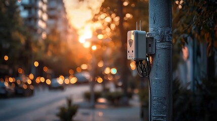 Poster - Vibrant shot of an outdoor Wi Fi access point device mounted on a utility pole with a blurred urban cityscape background showcasing the connectivity infrastructure of a modern digital environment