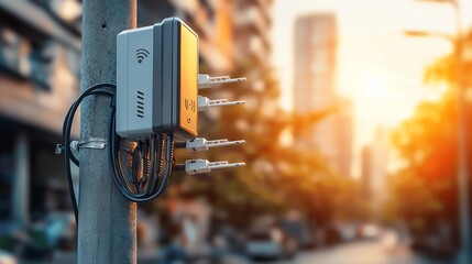 Poster - Vibrant outdoor shot of a Wi Fi access point device mounted on a metal pole against a blurred urban cityscape backdrop