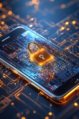 Poster - Illustrated glowing lock symbol protecting mobile devices