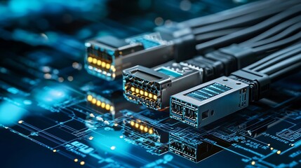 Poster - Detailed close up view of multiple high speed SFP Small Form factor Pluggable transceivers lined up on a reflective metallic tech surface
