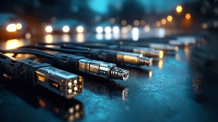Poster - close up of a rows of high speed sfp small form factor pluggable telecommunication transceivers alig