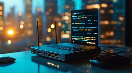 Poster - A modern and vibrant photograph showcasing a network repeater device placed on a table with ample space surrounding it