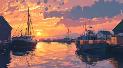 Sticker - A serene harbor scene at sunset with fishing boats and seafood crates. Harbor. Illustration