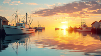 Wall Mural - A serene harbor scene with fishing boats at sunset reflecting on calm waters. Harbor. Illustration